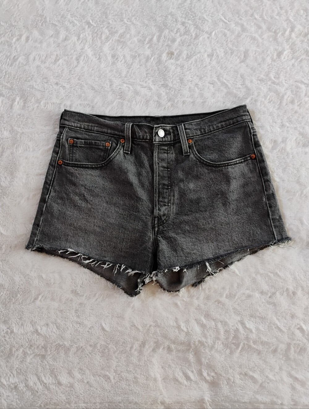 Levi's 501 Raw Hem Button Fly Washed Black Denim Shorts